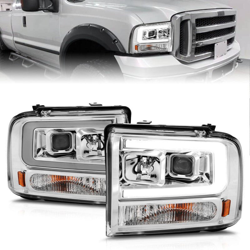 ANZO 99-04 Ford F250/F350/F450/Excursion (excl 99) Projector Headlights - w/Light Bar Chrome Housing - Black Ops Auto Works
