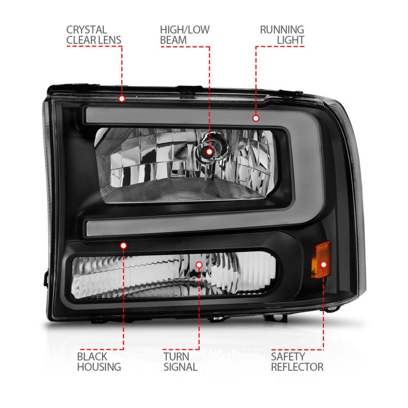ANZO 99-04 Ford F250/F350/F450/Excursion (excl. 99) Crystal Headlights - w/ Light Bar Black Housing ANZO ANZ111549