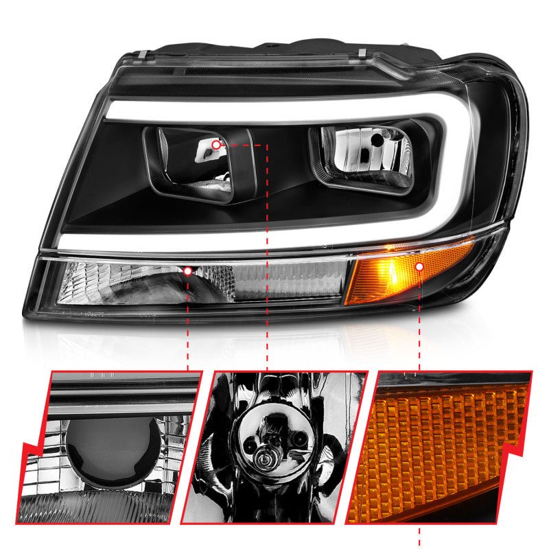 ANZO 99-04 Jeep Grand Cherokee Crystal Headlights - w/ Light Bar Black Housing ANZO ANZ111537