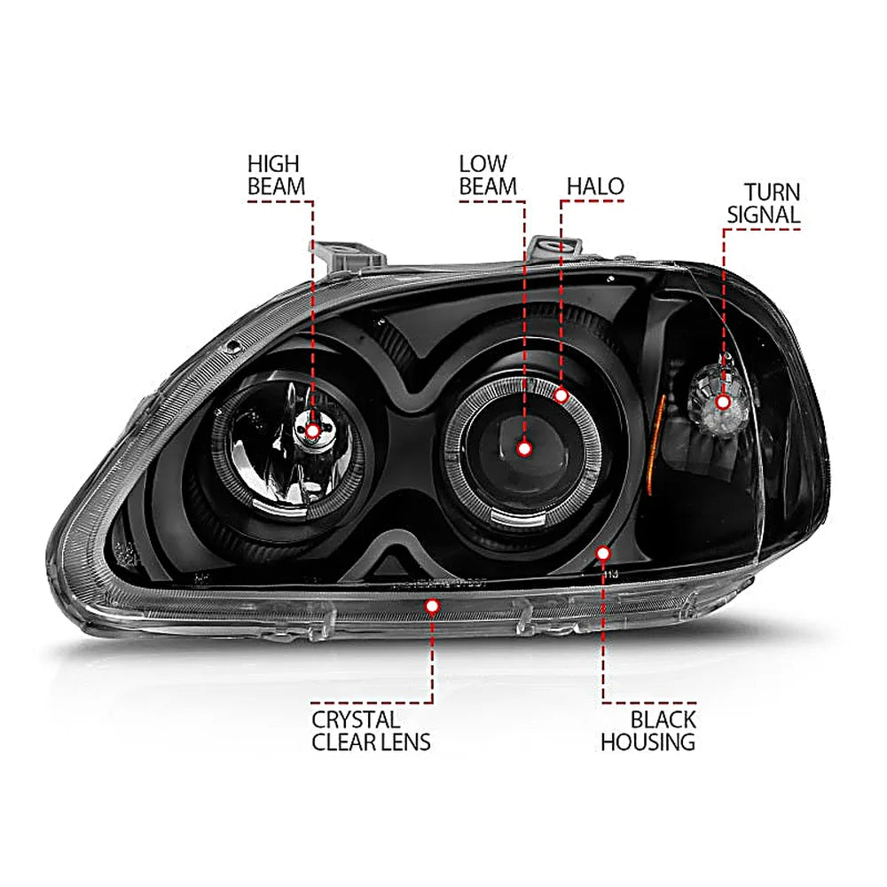 ANZO 1996-1998 Honda Civic Projector Headlights w/ Halo Black - Anzo 121068