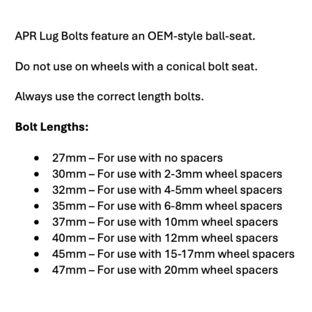 APR Lug Bolts - Use w/Factory Spacers - 27mm - Black (Set of 10) - APR MS100171