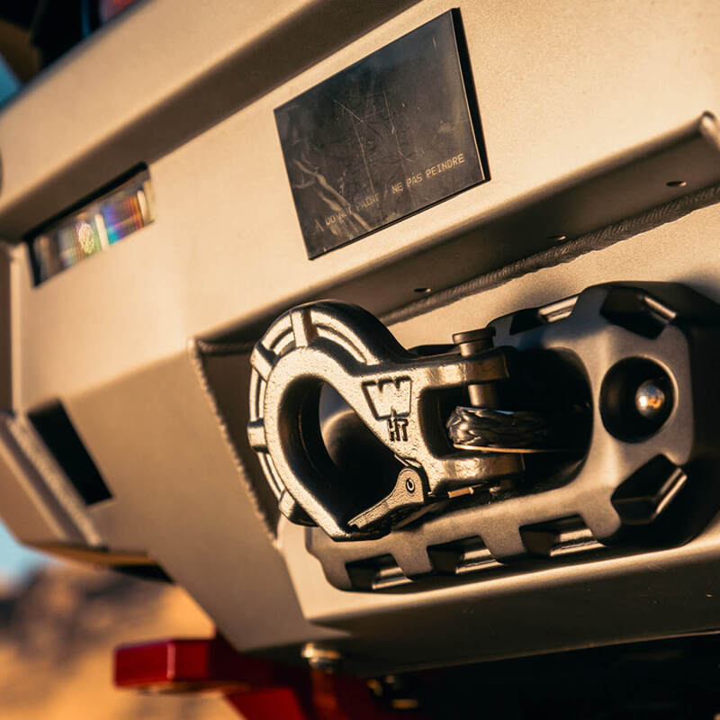Close-up of the ARB Zenith bumper integrated 8-ton recovery point and winch hook