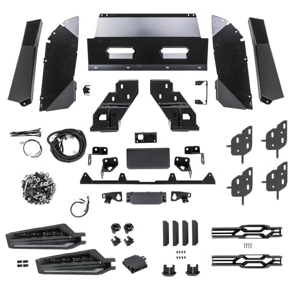 Reference image showing an ARB Summit MKII bumper component layout with black steel brackets, mounting hardware, wiring harness and light assemblies, not a confirmed view of the parts supplied with the Land Cruiser 250 bumper fitting kit