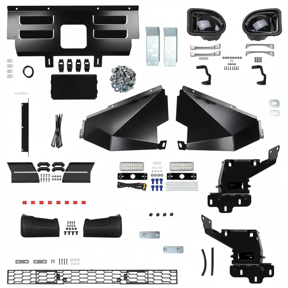 ARB 6178569 bumper fitting kit contents laid out, with chassis mounting brackets, under body protection panels, grille and air shutter retainer brackets, fog light housings, LED lights with wiring, buffers, and fasteners