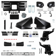 Load image into Gallery viewer, ARB 6178569 bumper fitting kit contents laid out, with chassis mounting brackets, under body protection panels, grille and air shutter retainer brackets, fog light housings, LED lights with wiring, buffers, and fasteners
