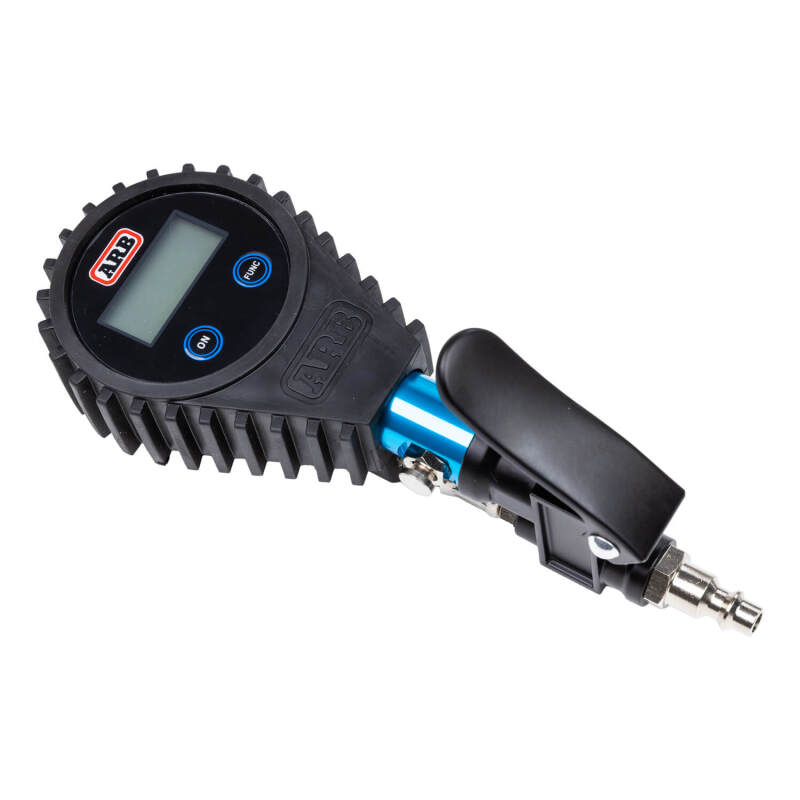 Close up of ARB digital tire pressure gauge with blue backlit LCD display and inflator trigger