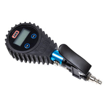 Load image into Gallery viewer, Close up of ARB digital tire pressure gauge with blue backlit LCD display and inflator trigger