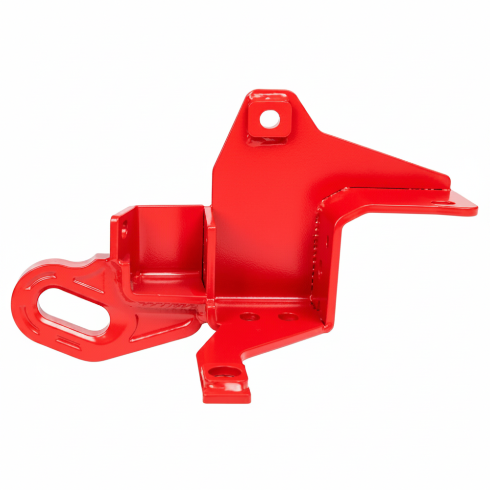 Reference studio image of an ARB 8 tonne forged recovery point in red powder coat, angled view of the long slot shackle eye and chassis mounting flanges, side not identifiable