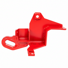 Load image into Gallery viewer, Reference studio image of an ARB 8 tonne forged recovery point in red powder coat, angled view of the long slot shackle eye and chassis mounting flanges, side not identifiable