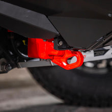 Load image into Gallery viewer, Representative installed close up of a red ARB forged recovery point under the front of a Toyota Land Cruiser 250, shown with under vehicle protection panels that are not included