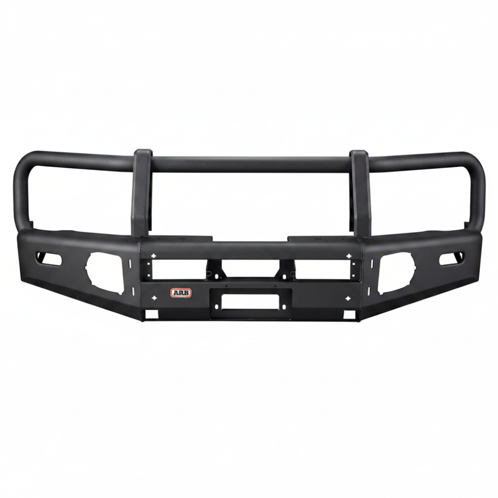 Reference image of an ARB Summit steel winch bumper in textured black, front view with tubular top hoop, open fog light housings and center winch pan