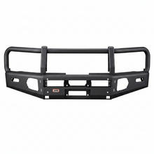 Load image into Gallery viewer, Reference image of an ARB Summit steel winch bumper in textured black, front view with tubular top hoop, open fog light housings and center winch pan
