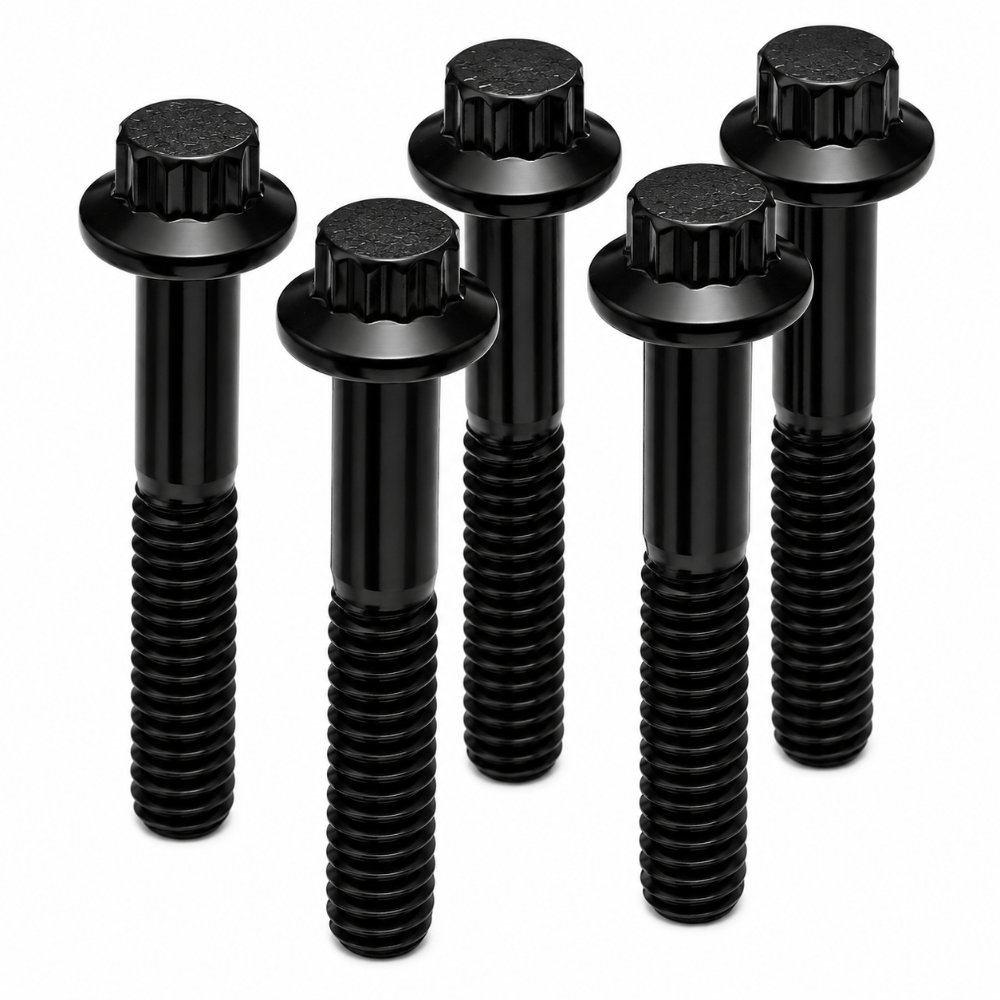 Five ARP 644-1000 black oxide 12-point bolts with threaded shanks
