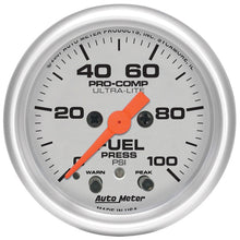 Load image into Gallery viewer, Autometer Ultra-Lite 52mm 0-100 PSI Fuel Pressure w/ Peak Memory Warning Gauge - AutoMeter 4371