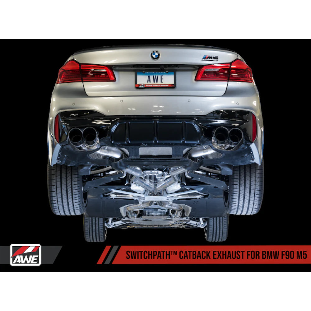 AWE Tuning 18-19 BMW F90 M5 SwitchPatch Cat-Back Exhaust- Black Diamond Tips - product view 2 - AWE part 3025-43066