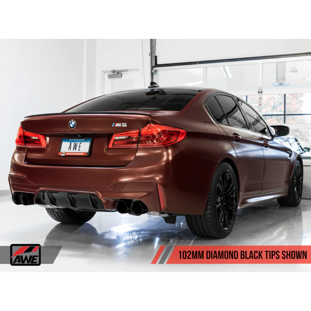 AWE Tuning 18-19 BMW F90 M5 SwitchPatch Cat-Back Exhaust- Black Diamond Tips - product view 4 - AWE part 3025-43066