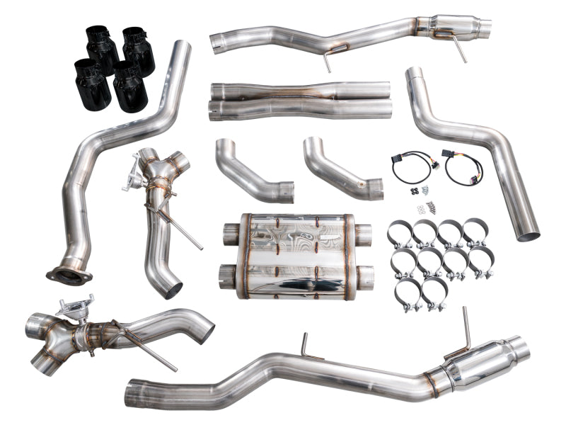 AWE 3025-43562 exhaust pipes, mufflers, clamps, hardware, and black tips
