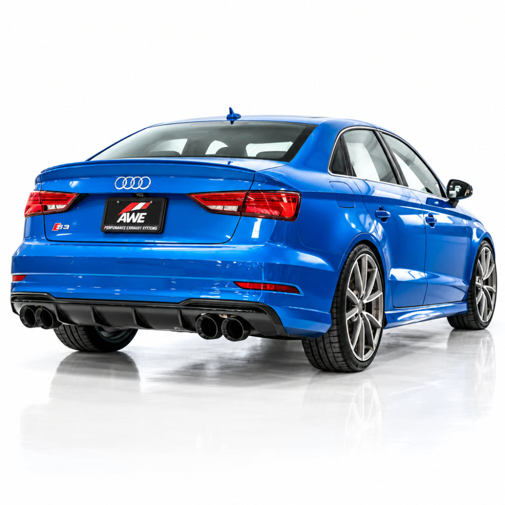 AWE Tuning Audi 8V S3 SwitchPath Exhaust w/Diamond Black Tips 102mm - product view 2 - AWE part 3025-43072