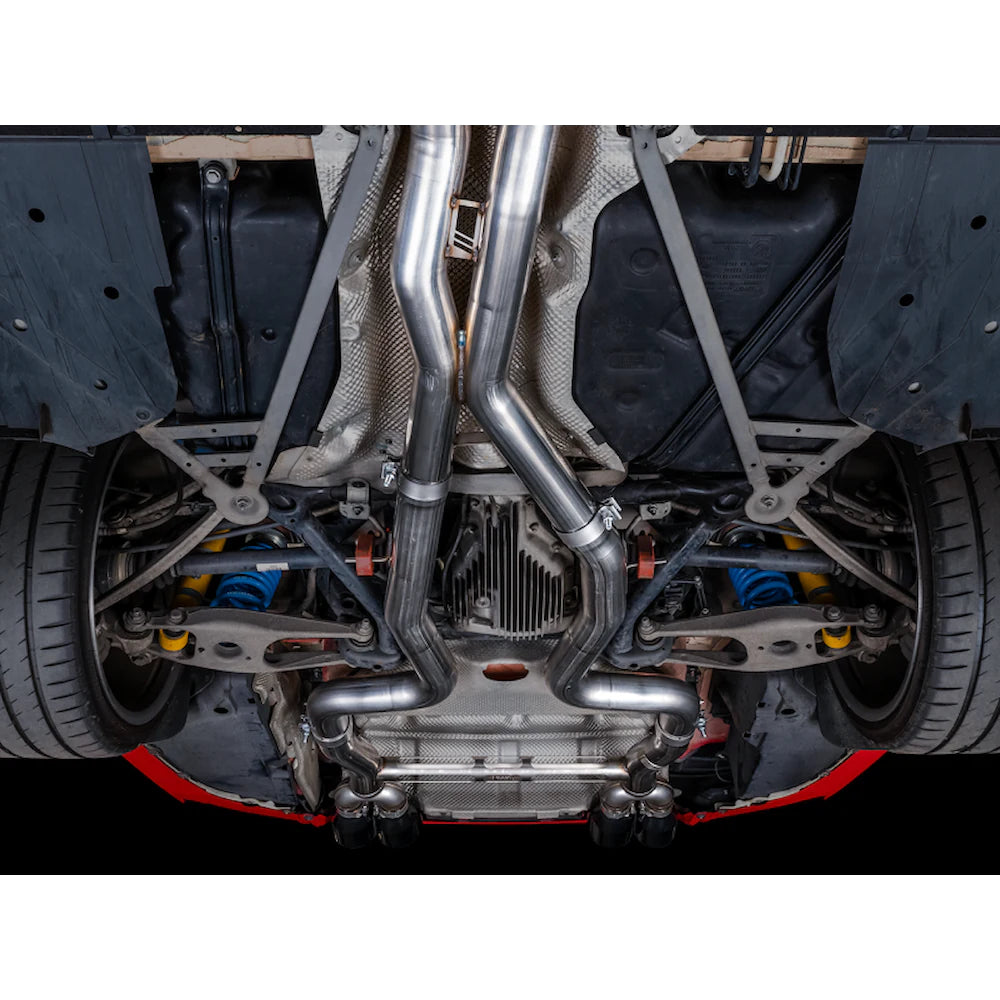 AWE Tuning Track Edition Catback Exhaust for BMW F8X M3/M4 - 4" Chrome Silver Tips - product view 5 - AWE part 3020-42082