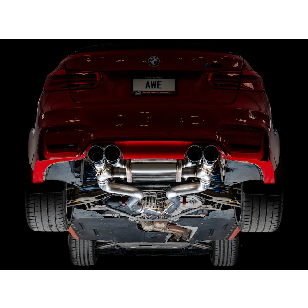 AWE Tuning Track Edition Catback Exhaust for BMW F8X M3/M4 - 4" Chrome Silver Tips - product view 9 - AWE part 3020-42082