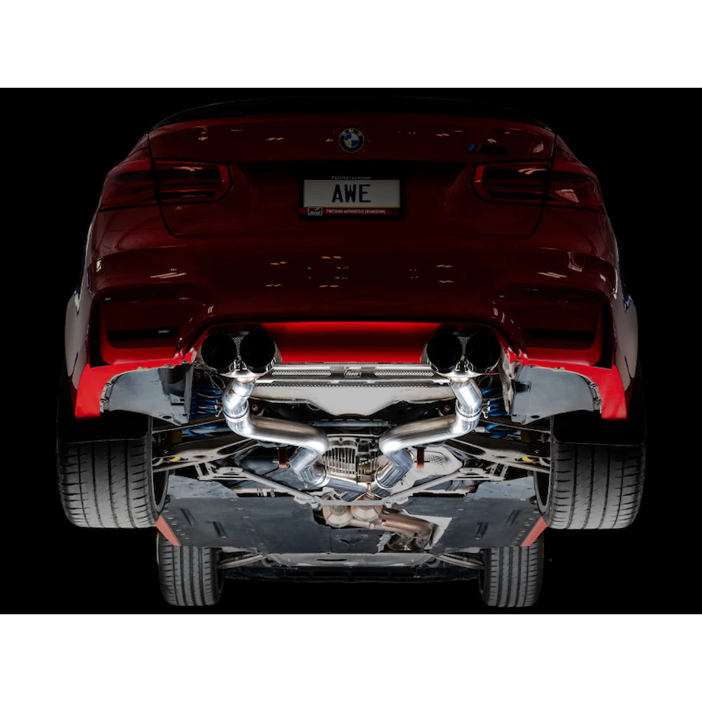 AWE Tuning Track Edition Catback Exhaust for BMW F8X M3/M4 - 4" Chrome Silver Tips - product view 11 - AWE part 3020-42082