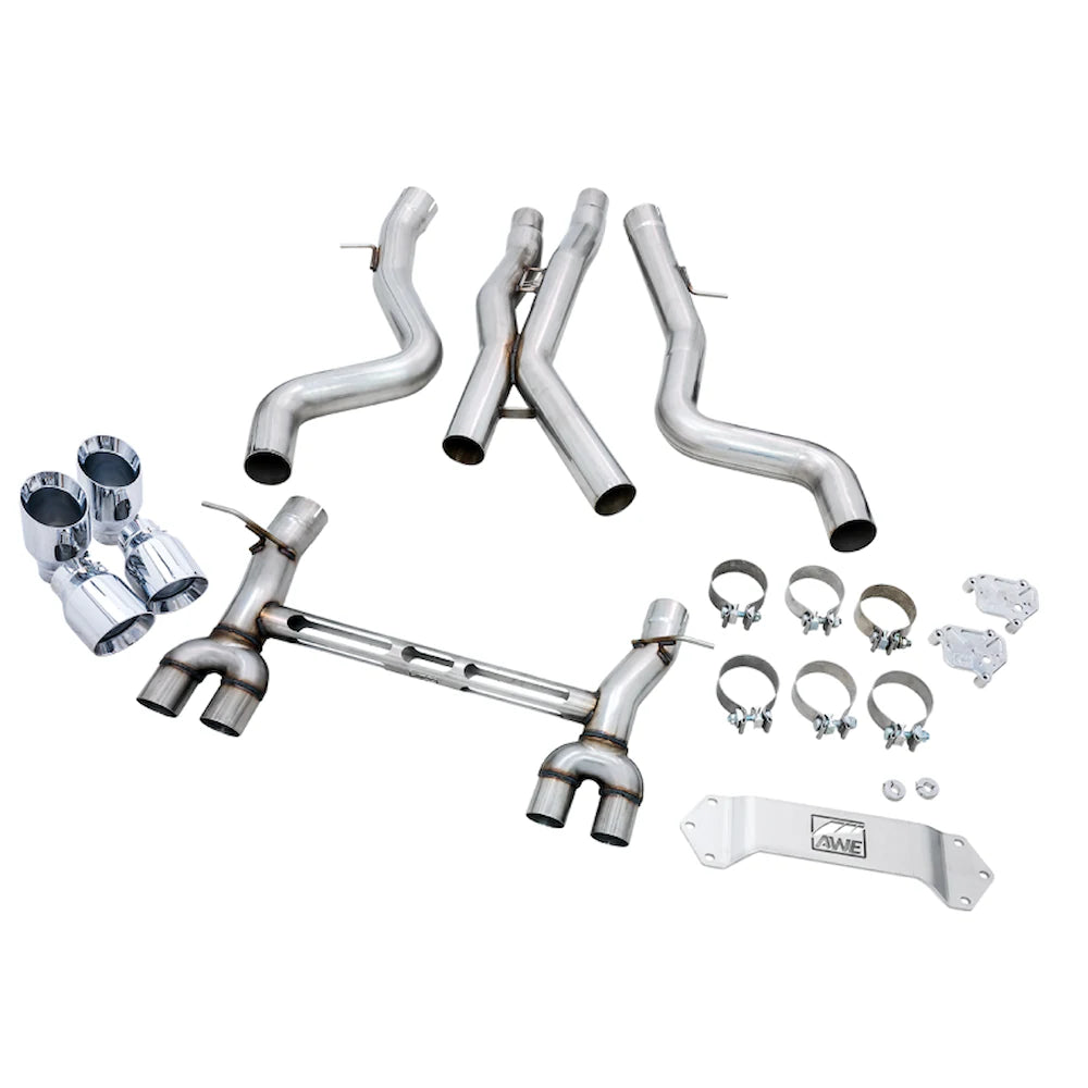 AWE Tuning Track Edition Catback Exhaust for BMW F8X M3/M4 - 4" Chrome Silver Tips - product view 13 - AWE part 3020-42082