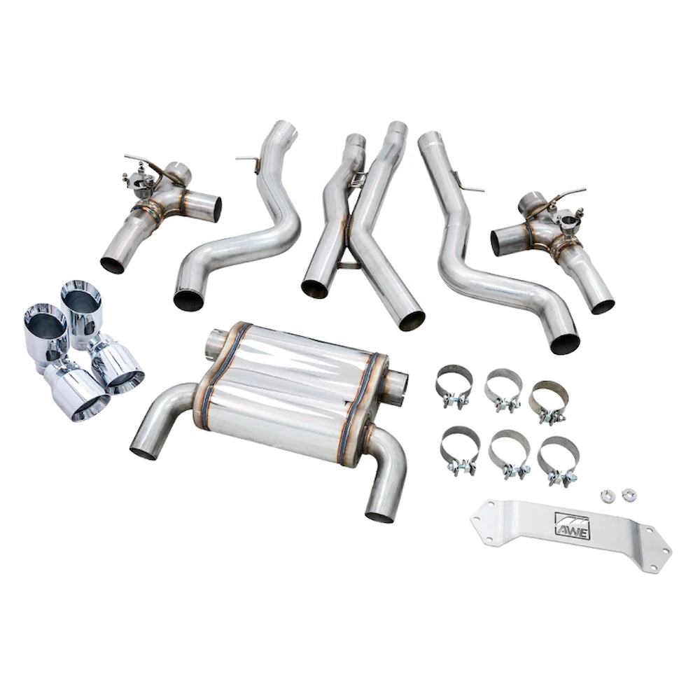 AWE Tuning Track Edition Catback Exhaust for BMW F8X M3/M4 - 4" Chrome Silver Tips - product view 18 - AWE part 3020-42082