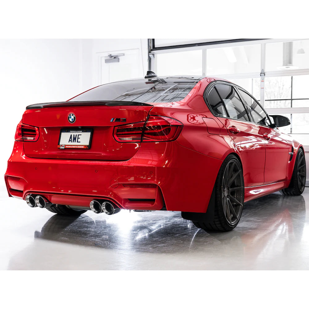 AWE Tuning Track Edition Catback Exhaust for BMW F8X M3/M4 - 4" Chrome Silver Tips - product view 21 - AWE part 3020-42082