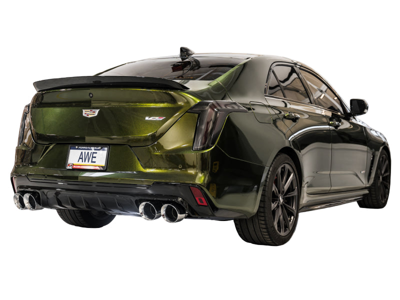 AWE SwitchPath exhaust installed on Cadillac CT4-V Blackwing showing chrome tips