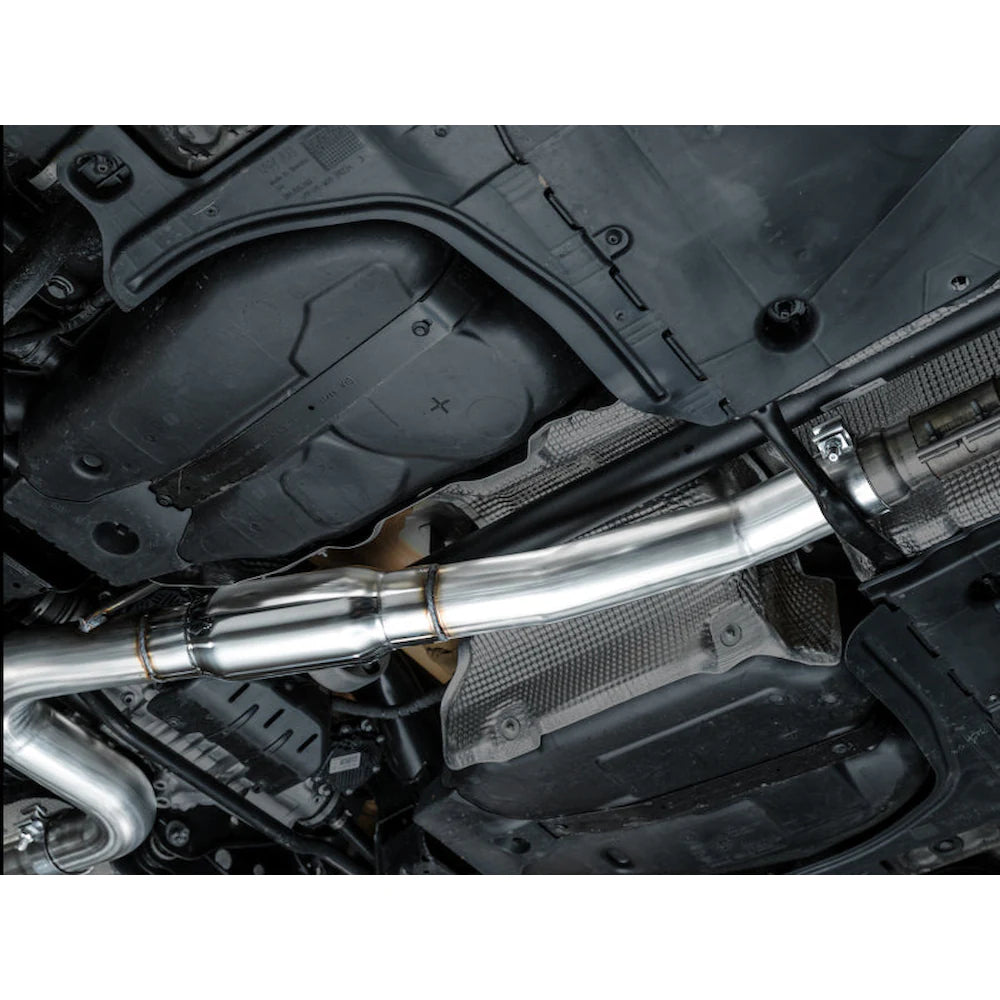 AWE MK8 Volkswagen Golf R 3in Touring Edition Quad Exhaust - Chrome Silver Tips - product view 4 - AWE part 3015-42658