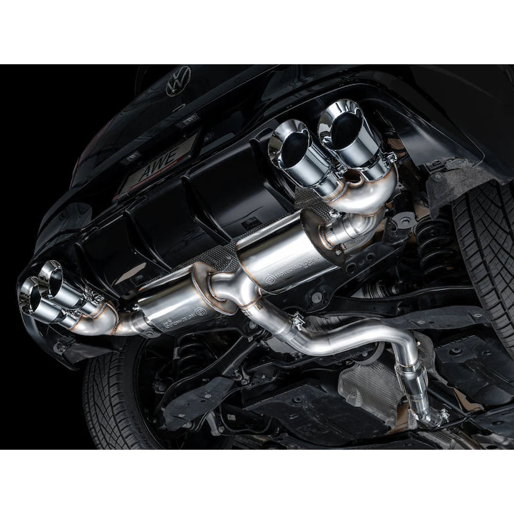 AWE MK8 Volkswagen Golf R 3in Touring Edition Quad Exhaust - Chrome Silver Tips - product view 5 - AWE part 3015-42658
