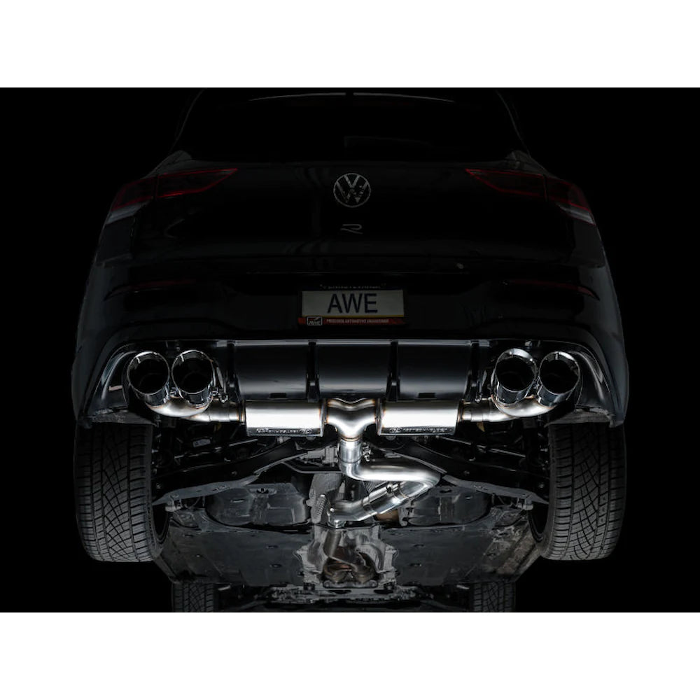 AWE MK8 Volkswagen Golf R 3in Touring Edition Quad Exhaust - Chrome Silver Tips - product view 8 - AWE part 3015-42658