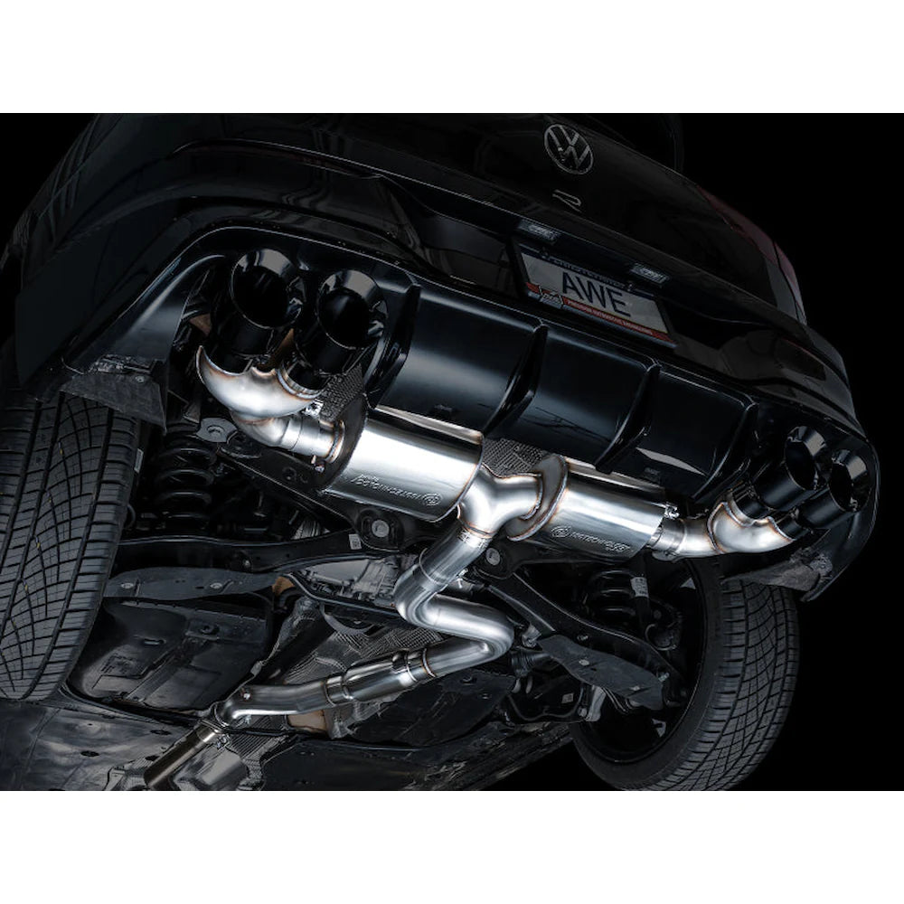 AWE MK8 Volkswagen Golf R 3in Touring Edition Quad Exhaust - Diamond Black Tips - product view 3 - AWE part 3015-43658