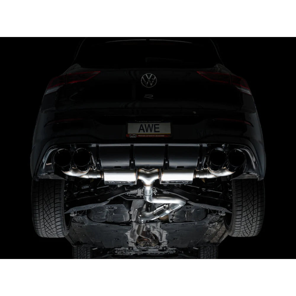 AWE MK8 Volkswagen Golf R 3in Touring Edition Quad Exhaust - Diamond Black Tips - product view 7 - AWE part 3015-43658