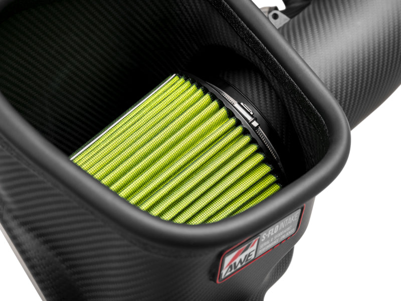 AWE S-FLO Carbon Intake mounted on S650 Mustang GT engine bay