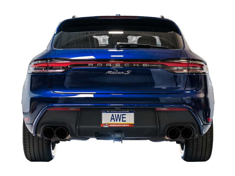 Rear view of Porsche Macan 2.9TT with AWE Tuning Touring Edition Catback Exhaust and diamond black quad tips installed