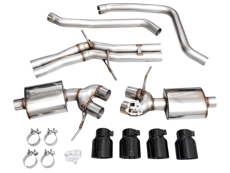 All components of AWE Tuning 2022+ Porsche Macan 2.9TT Touring Edition Catback Exhaust laid out, including pipes, mufflers, diamond black tips, and clamps