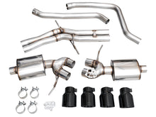 Load image into Gallery viewer, All components of AWE Tuning 2022+ Porsche Macan 2.9TT Touring Edition Catback Exhaust laid out, including pipes, mufflers, diamond black tips, and clamps