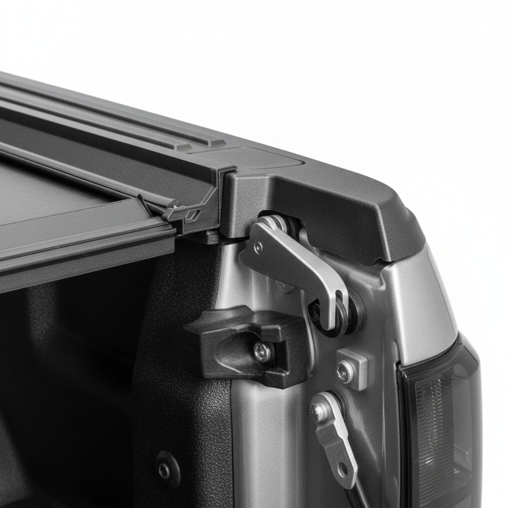 Close-up of the BAKFlip G2 folded panel stack and side rail clamp at the cab end