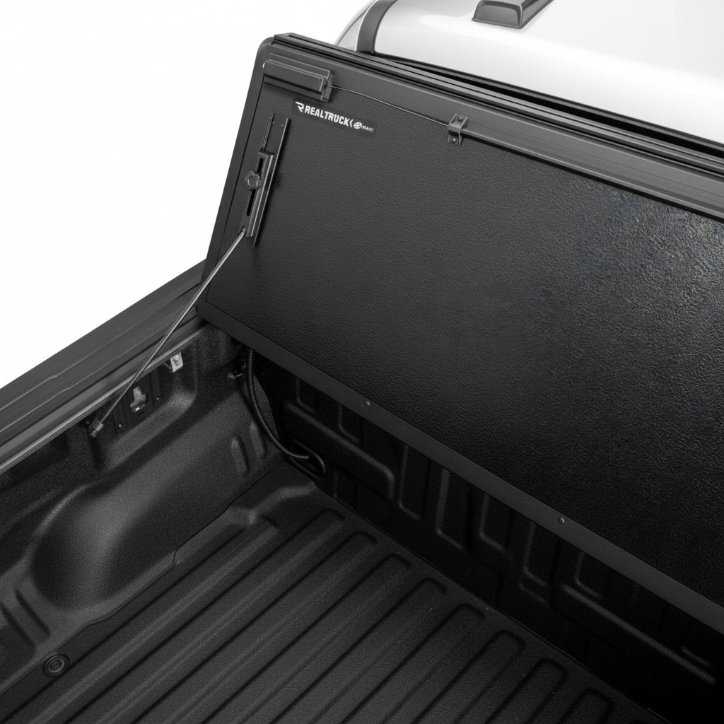 Close-up of the BAKFlip G2 folding panel hinge and bed rail interior