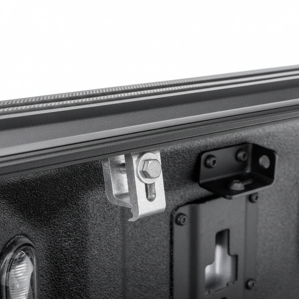 Close-up of the BAKFlip G2 bed rail clamp and mounting hardware