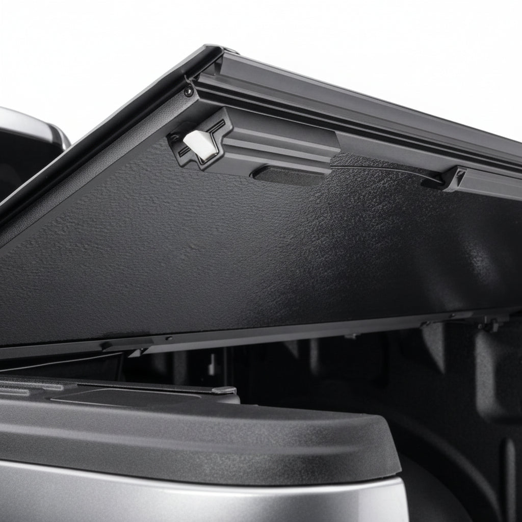 BAKFlip G2 panel partially folded showing the underside hinge mechanism
