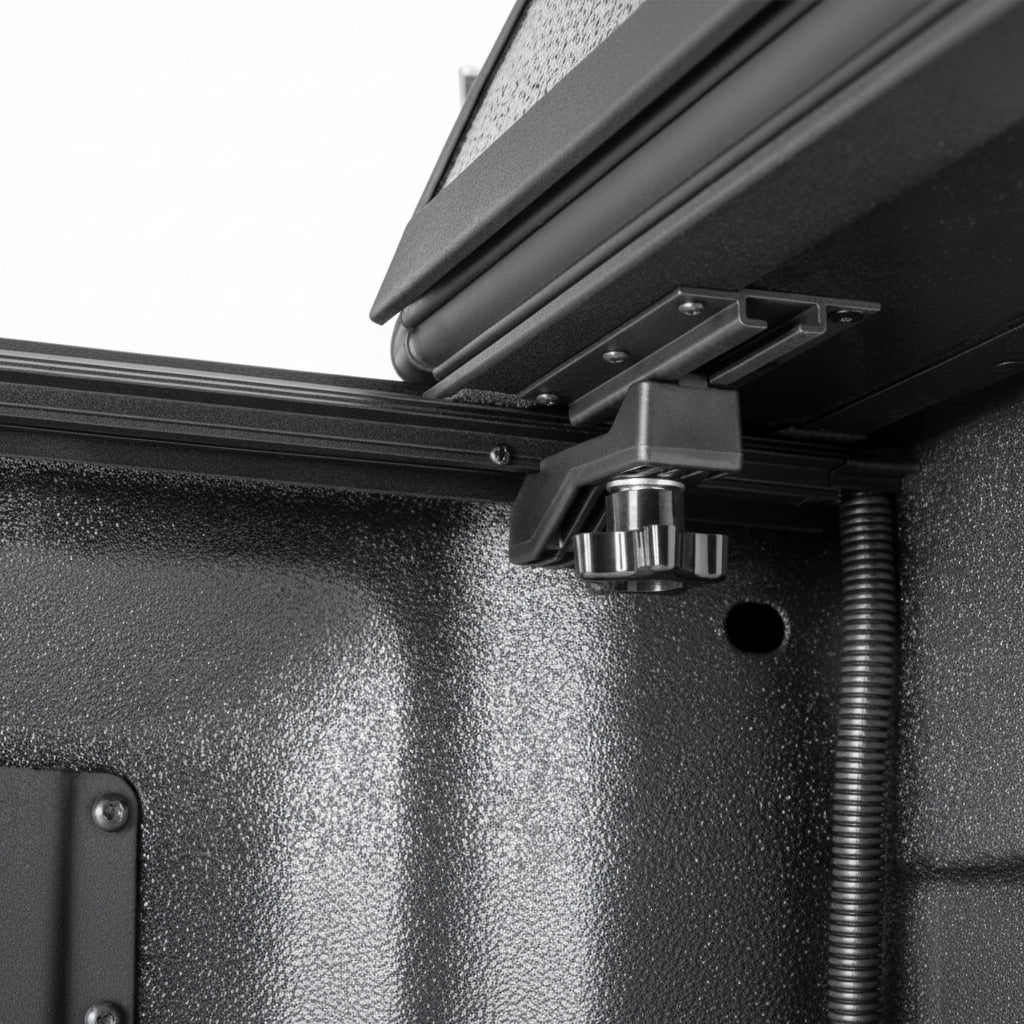 Close-up of the BAKFlip G2 corner latch and mounting bracket in the bed corner