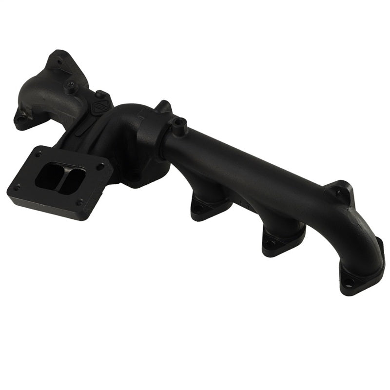 BD Diesel exhaust manifold, top angled view showing cylinder ports and outlet flange