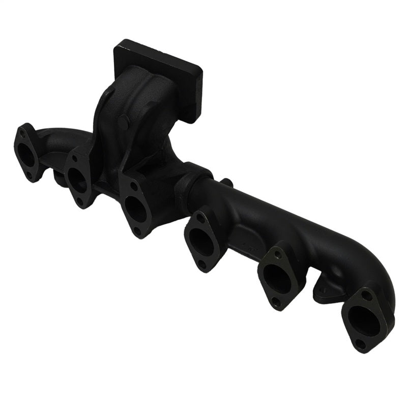 BD Diesel exhaust manifold, side view showing curved outlet and mounting flange