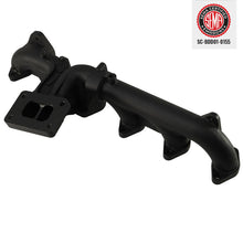 Load image into Gallery viewer, BD Diesel exhaust manifold, front angled view showing SAE compliance label