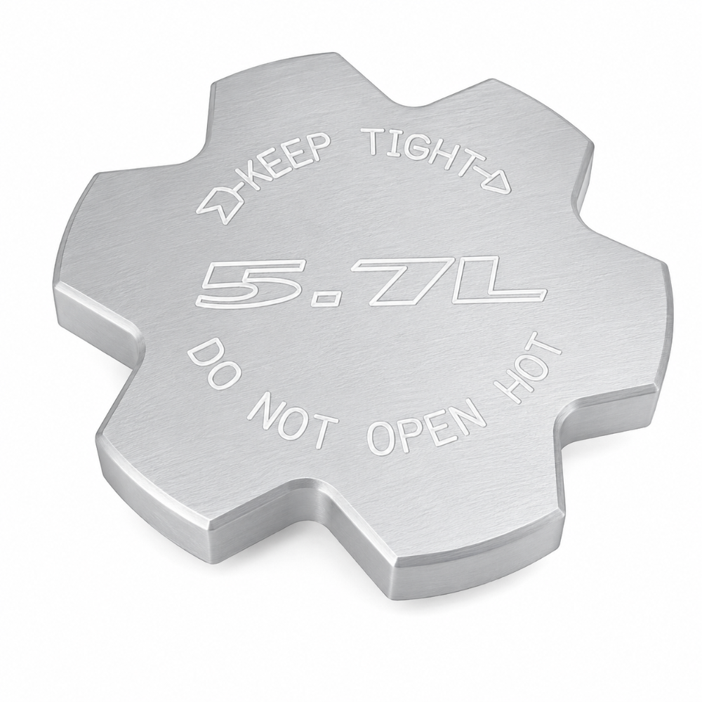 Billet Technology 30015 Sigma Series radiator cap cover with 5.7L Hemi engraving, billet aluminum, made in USA