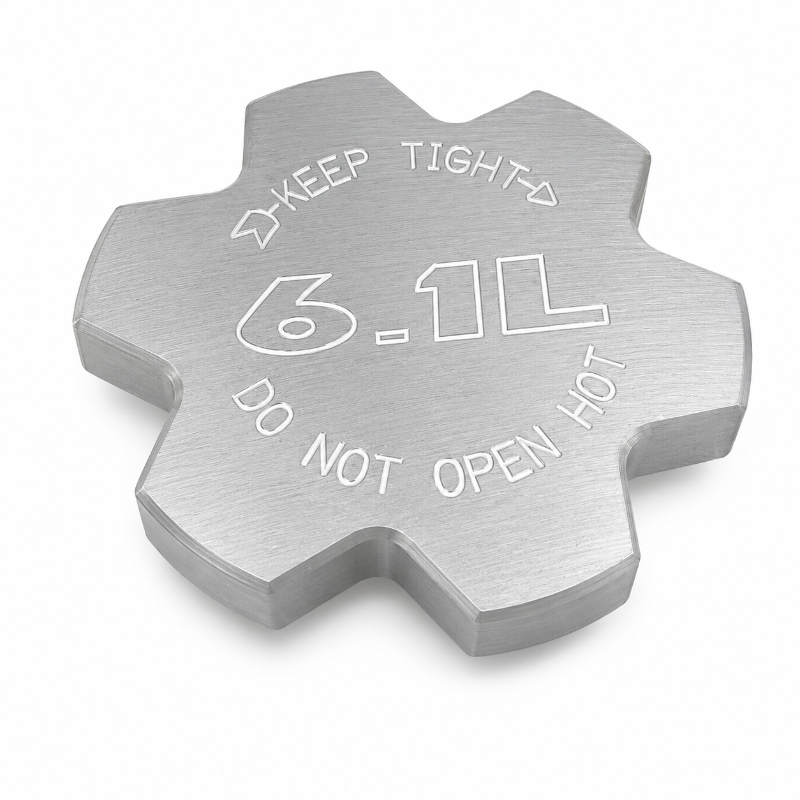 Billet Technology 30015 Sigma Series radiator cap cover with 6.1L Hemi engraving, billet aluminum, made in USA