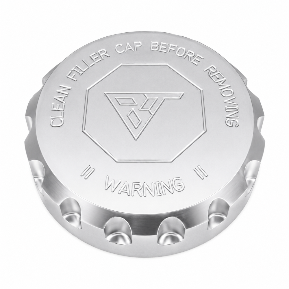 Billet Technology 3023 brake fluid reservoir cap cover for Dodge Jeep Chrysler and Ram vehicles in satin aluminum