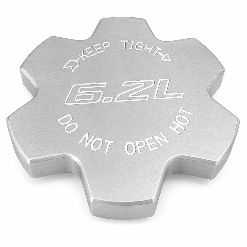 Billet Technology Sigma Series radiator cap cover with 6.2L Hemi engraving, billet aluminum, made in USA